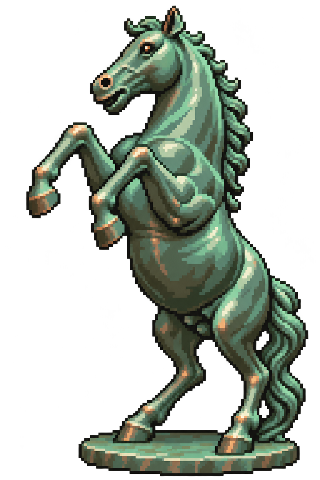 A pixel-art rearing horse statue with green copper patina, inspired by the TBPN studio horse